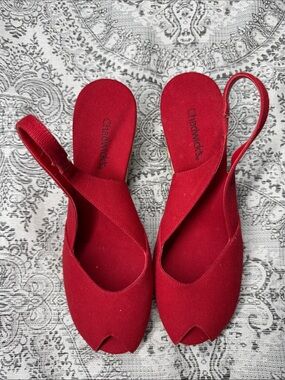 Chadwicks Bright Red Canvas Slingback Peep-Toe Flats -9